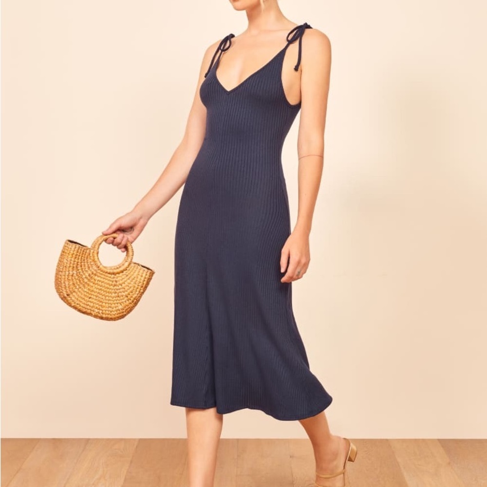Reformation Navy Blue Shandy Spaghetti Strap Midi Sundress